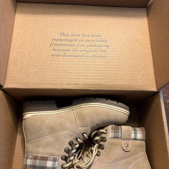 Anjou Femme Hiking Boots 6.5 NWT Plaid Tan Combat Lace Ankle Booties Lug Sole - Picture 7 of 8